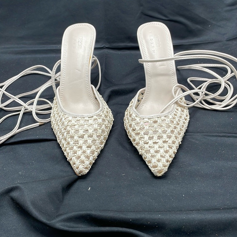 ASOS Cream Woven Pointed Lace-Up Mules
